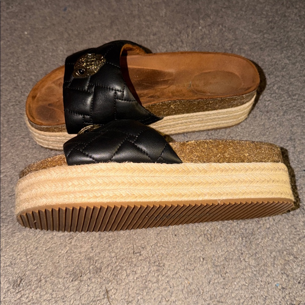 Kurt Geiger Black Quilted Slide Sandals with Gold Hand Medallions - Picture 2 of 2